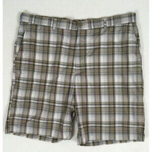 Ben Hagon Mens Shorts Size 40 Brown White Blue Plaid Front Back Pockets Mid Rise